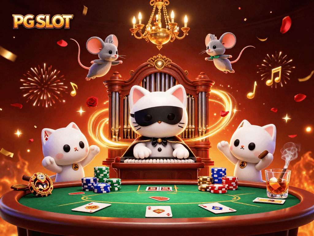 Experience PG SLOT excitement with a 3D casino illustration featuring a charming phantom cat and festive gaming elements.