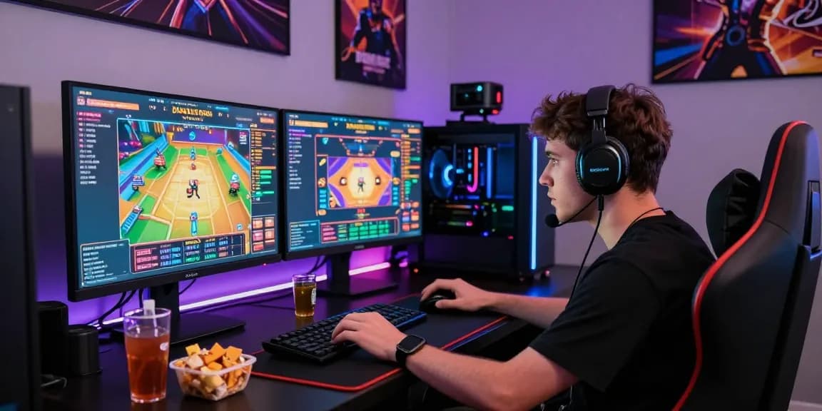 Engaging gamer immersed in link alternatif djarum bos digital casino games, showcasing vibrant gameplay and high-tech gaming setup.