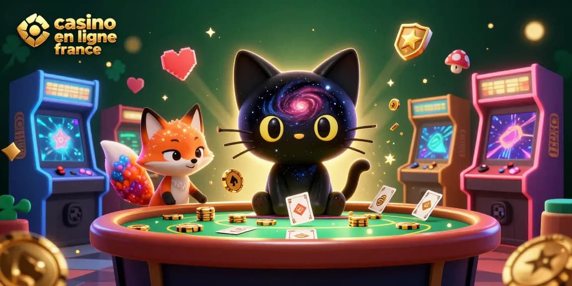 Casino en ligne France : un chat noir gravitationnel et un renard nébuleux entourés de jeux colorés.