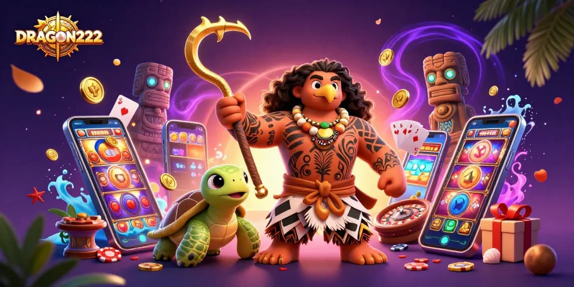 Play thrilling slots at DRAGON222 with a vibrant scene featuring a Polynesian demigod and games.