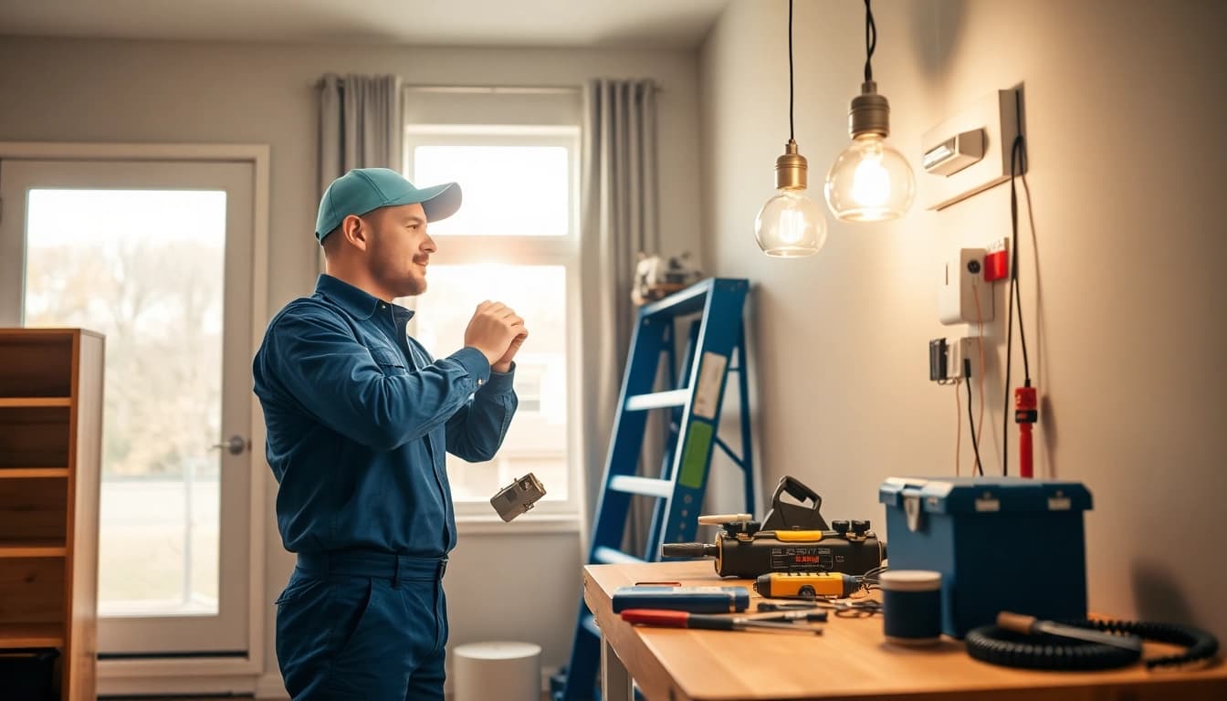 Residential electrician Burnaby installing energy-efficient lighting fixtures in a modern home setting.