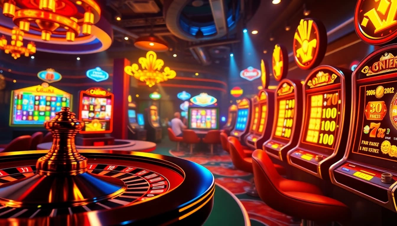 Experience the thrill of dinamit4d with vibrant slots and poker chips in a luxurious casino setting.