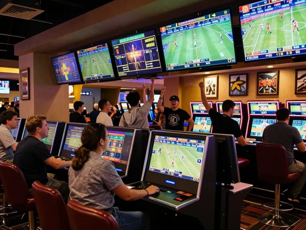 Engaged bettors placing wagers at nhà cái 5679 sportsbook, vibrant atmosphere with live sports screens.
