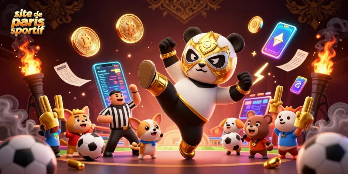 Vivez l'excitation du site de paris sportif avec un panda lutteur et des éléments de jeu animés.