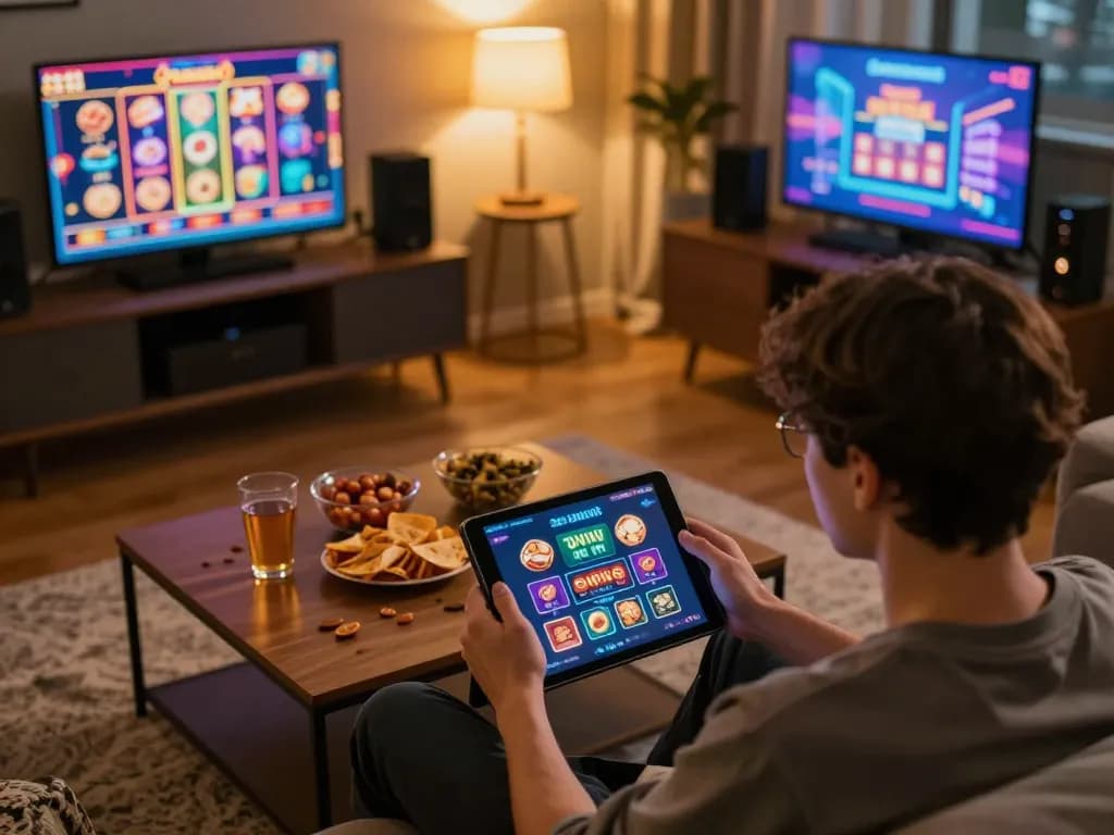 Engaged player using 3Win app for online casino gaming at home with snacks and tablet.
