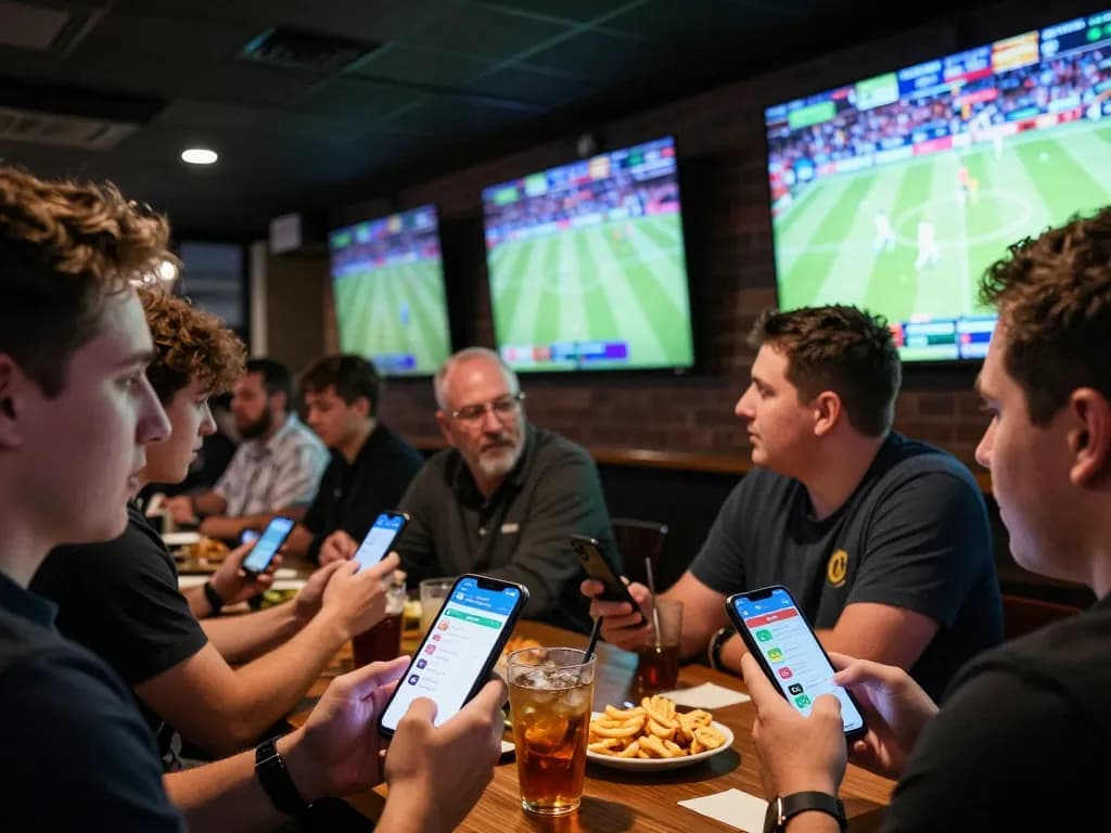 Sbobet sports betting scene with fans engaged in live match strategies and smartphone app use.