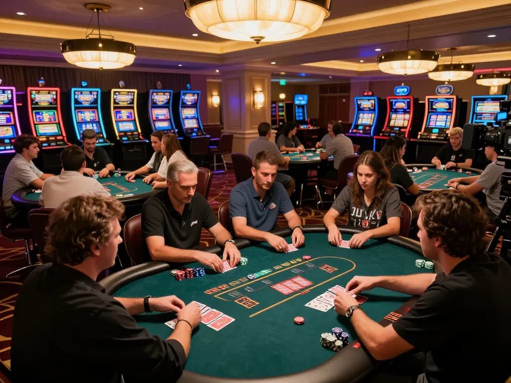 Players engaged in strategic poker gameplay at 678vip casino, vibrant atmosphere and professional dealer present.
