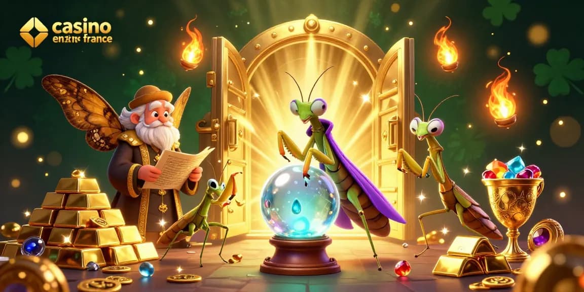 Cette illustration artistique représente un casino en ligne France avec un chaman insecte et des joyaux éclatants.