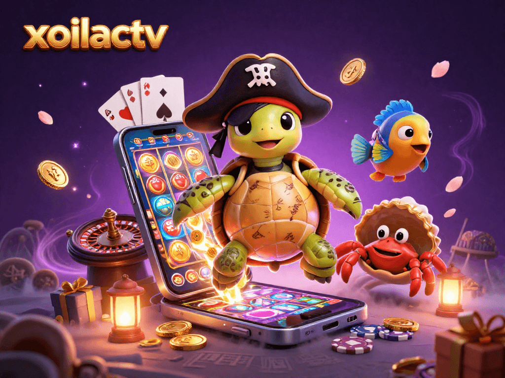 Xoilactv casino scene featuring a pirate turtle, golden crab, and colorful gaming elements.