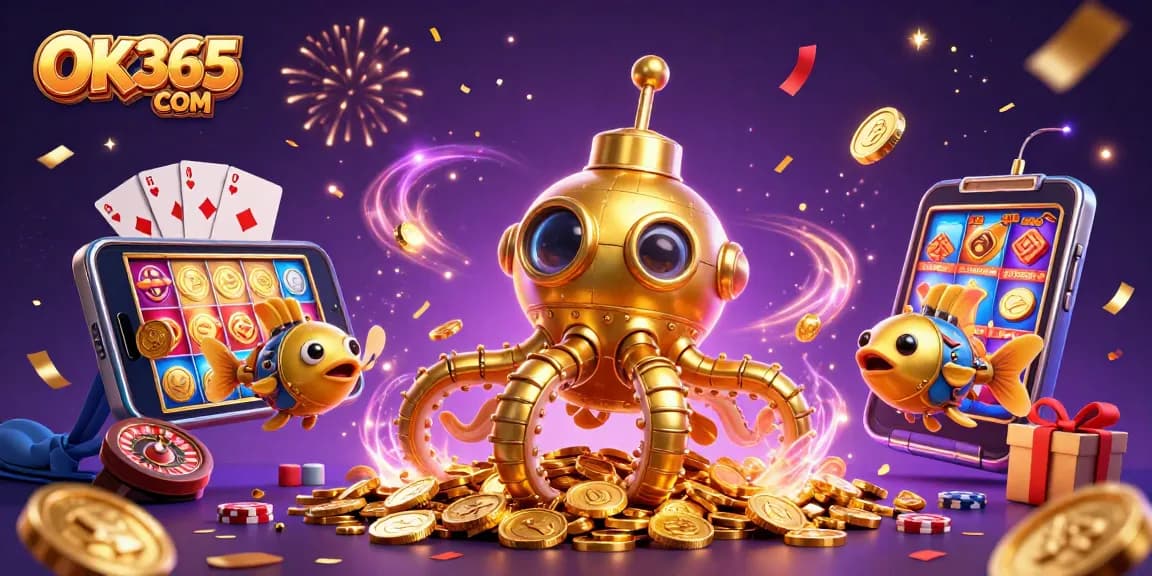 Engage with the magical world of OK365 COM, featuring a vibrant 3D illustration of casino games, golden coins, and wonder.