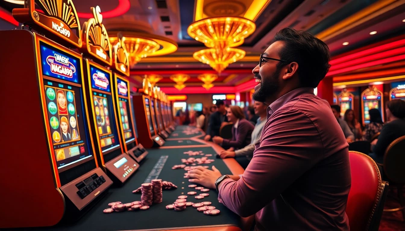 Naga99 player winning at a lively casino slot machine with colorful chips.