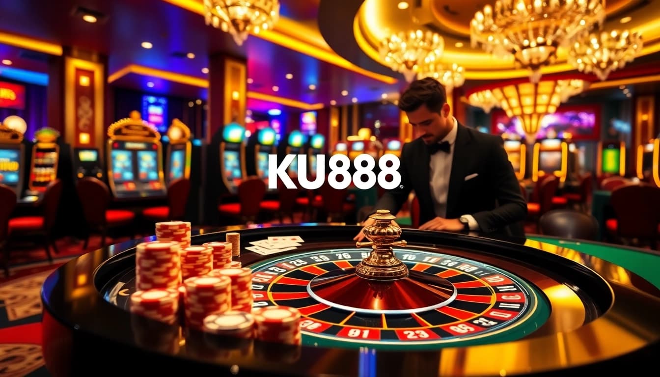 Experience the luxurious gaming atmosphere of KU88 with cards and chips at a casino table.