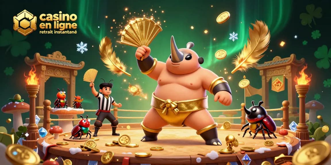 Casino en ligne retrait instantané : une illustration dynamique avec un rhinocéros scarabée sumo remportant des gains.
