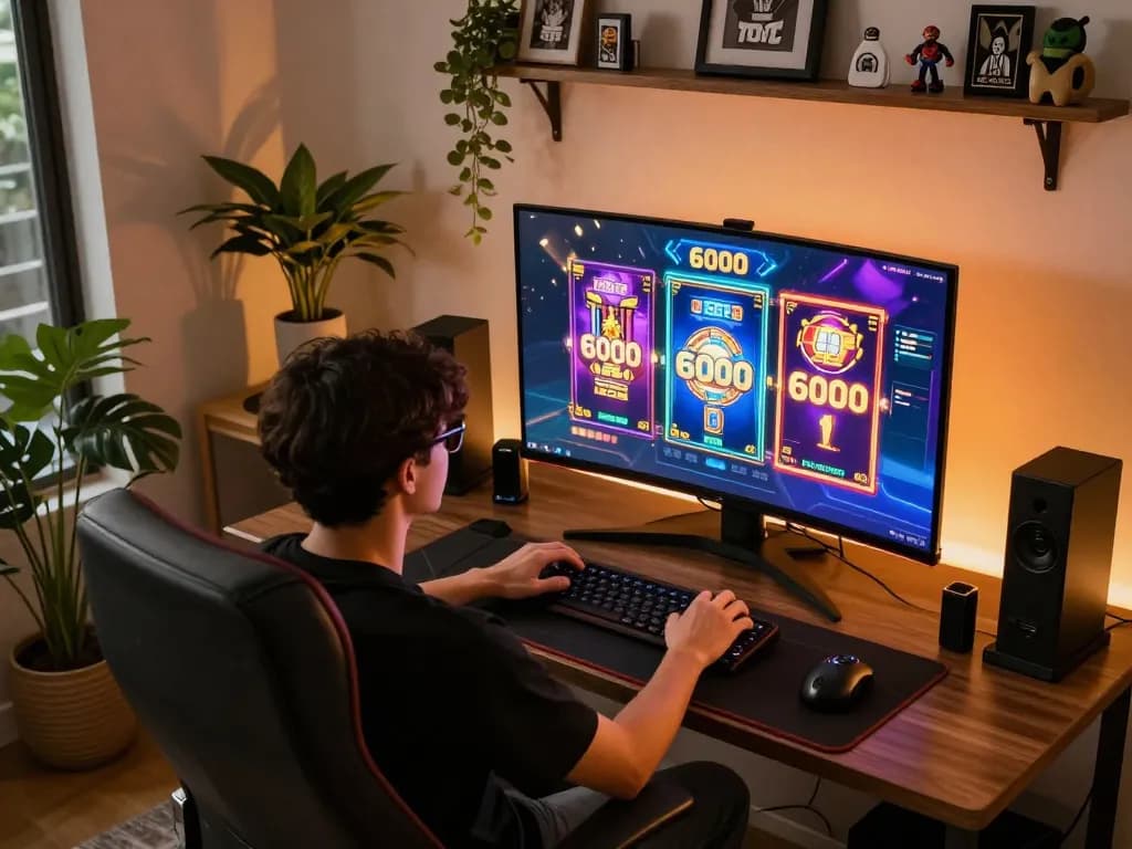 Engaged player enjoying the slot6000 game on a modern setup, symbolizing strategic online gaming.