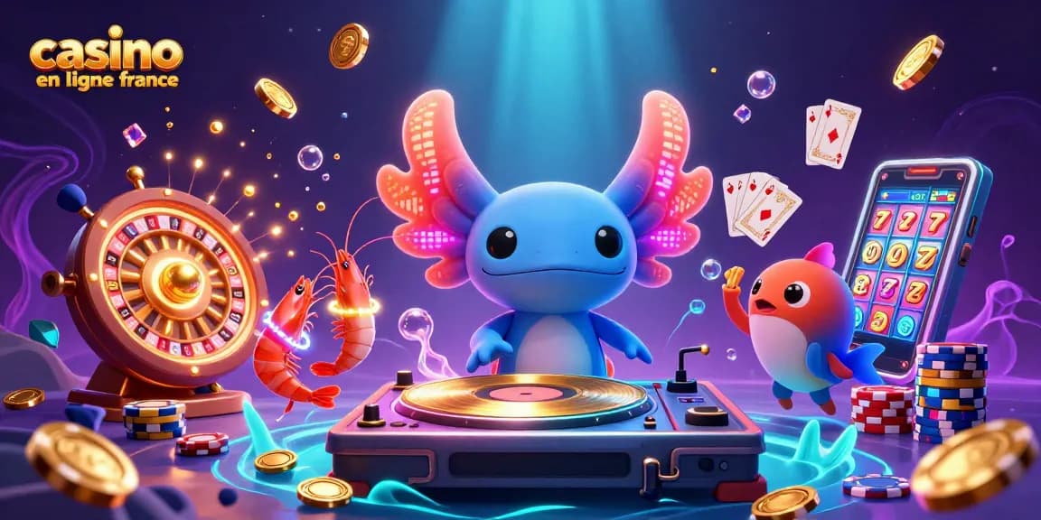 Événement animé au casino en ligne France avec un DJ axolotl, jetons, et spirales de lumière.