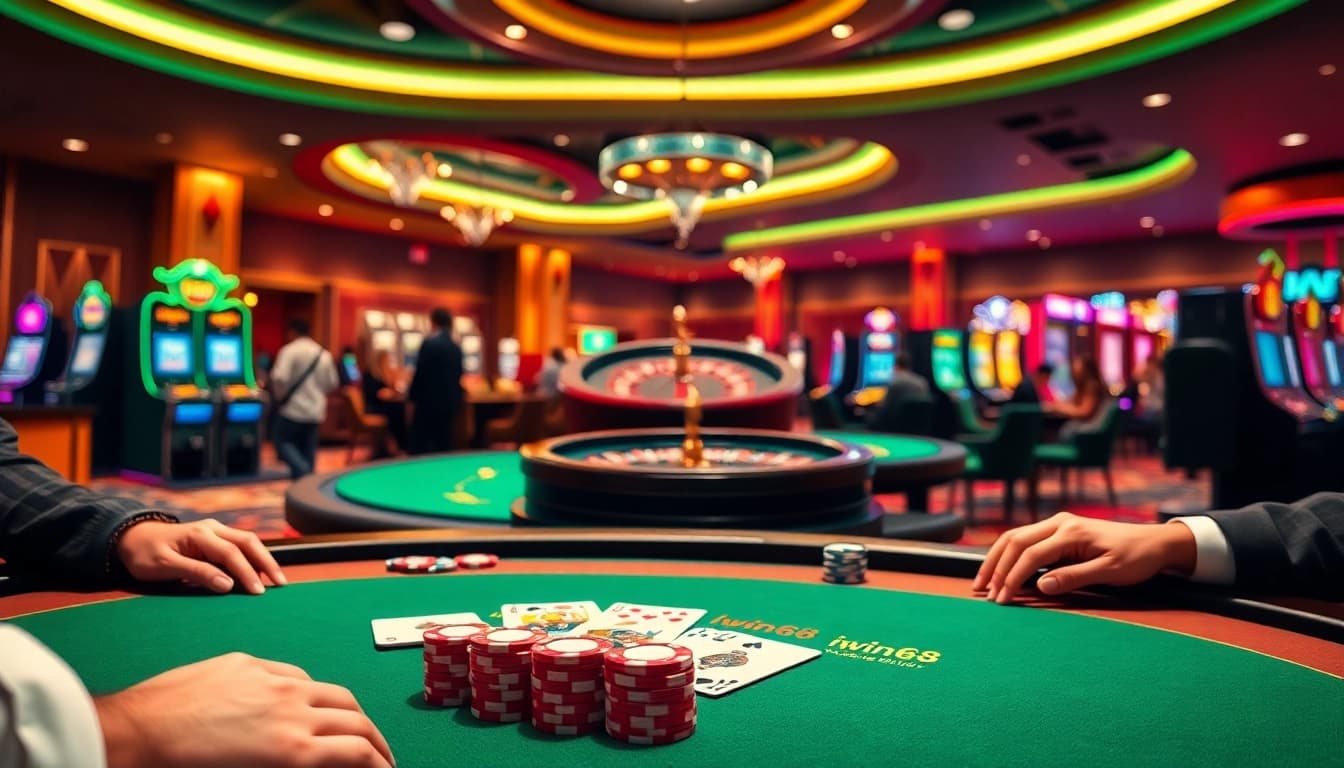 Iwin68 casino scene featuring players at a poker table and a spinning roulette wheel.