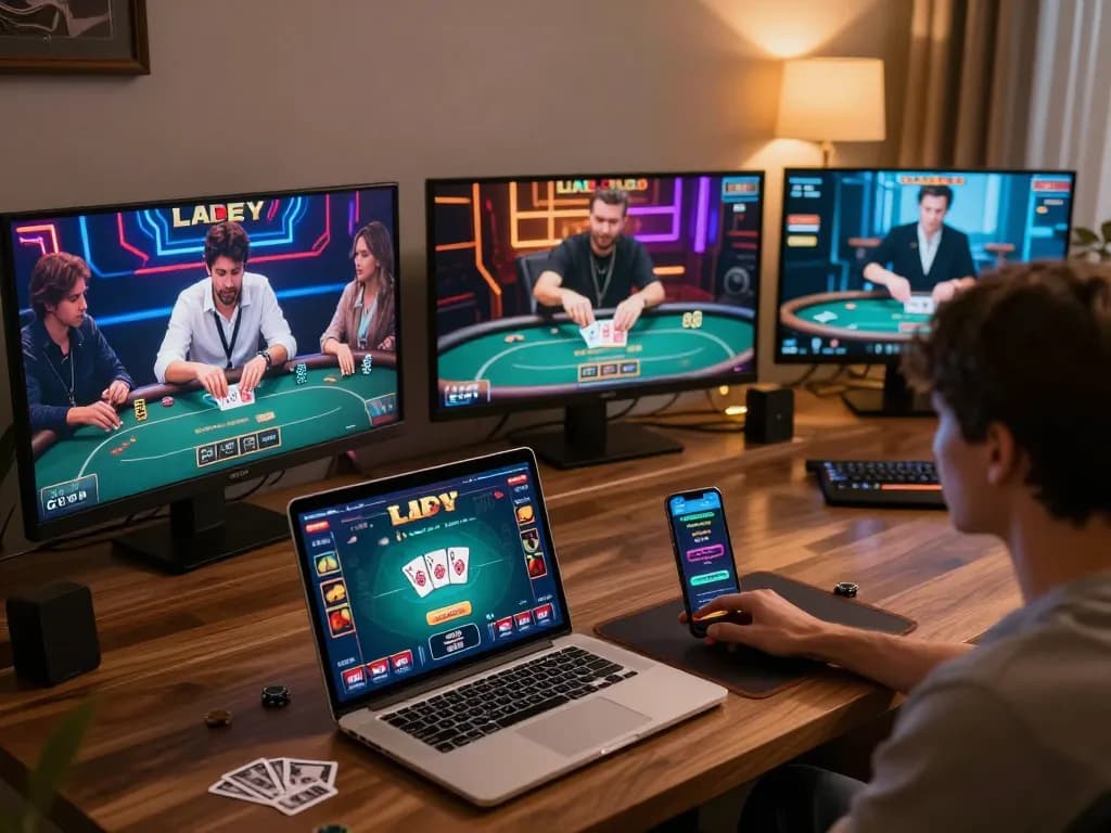 Engaging players at an online vsbet poker game, showcasing virtual excitement and interaction.