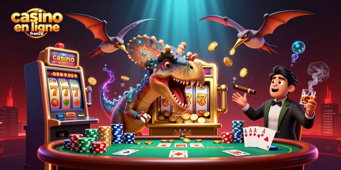 Scène dynamique de casino en ligne France avec pachycephalosaurus et jackpot en pièces d'or
