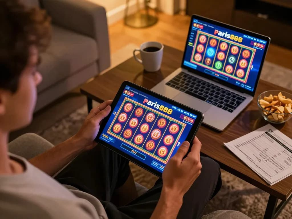 Engaging gameplay on paris888 slot games interface displayed on tablet for home gambling session.