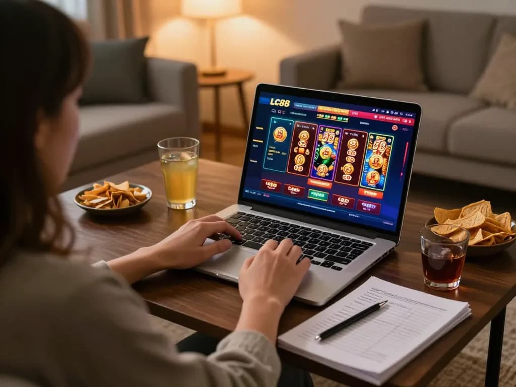 Engaging in responsible online gaming with lc88 casino interface on a laptop in a cozy home setting