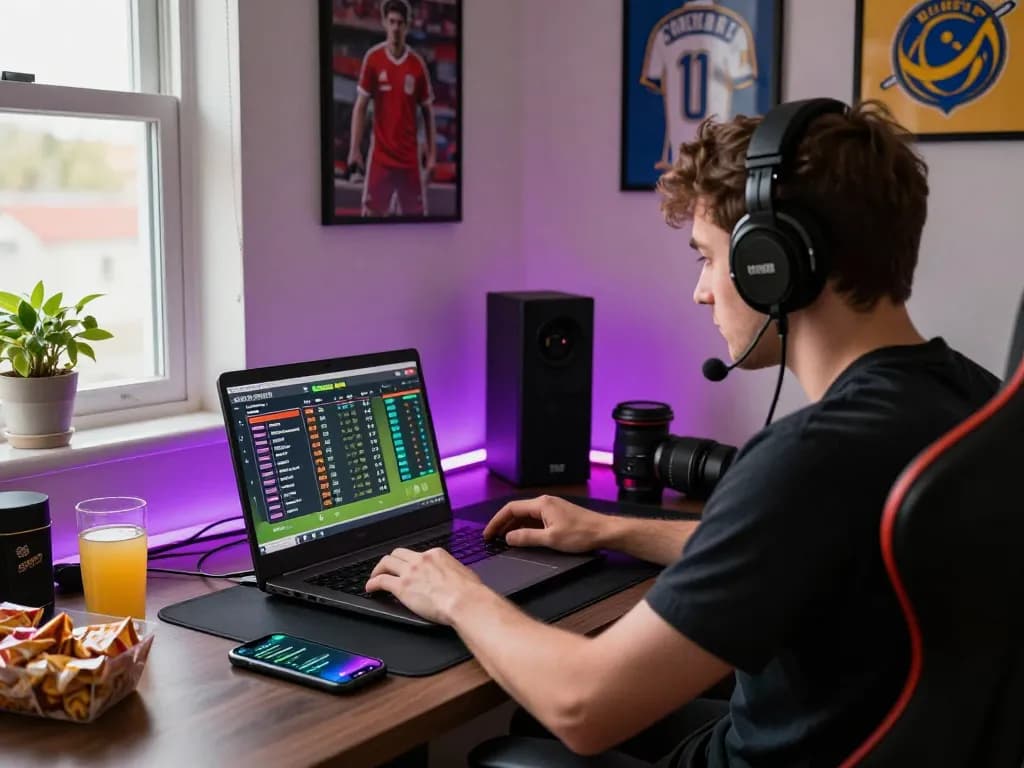 W88 online sports betting scene with player engaged at desk showing live odds and game stats