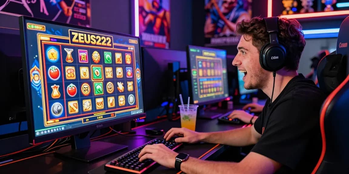 Exciting online gaming scene with ZEUS222 player at computer, colorful slot game graphics, immersive atmosphere.