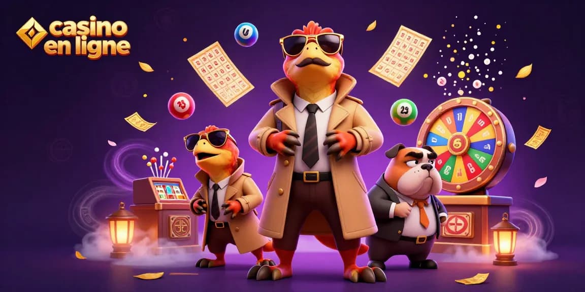 Jouez aux jeux de casino en ligne avec une illustration dynamique de raptors sous un trench coat.