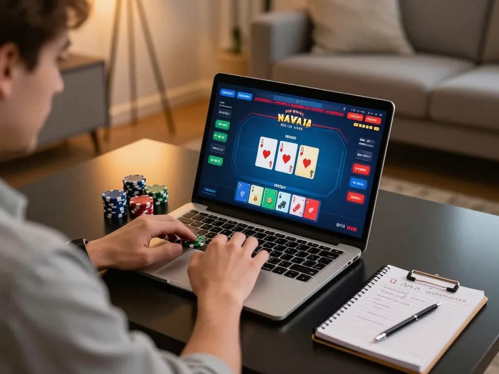 Online poker game at home featuring MB66 on laptop with cards displayed, creating a strategic atmosphere
