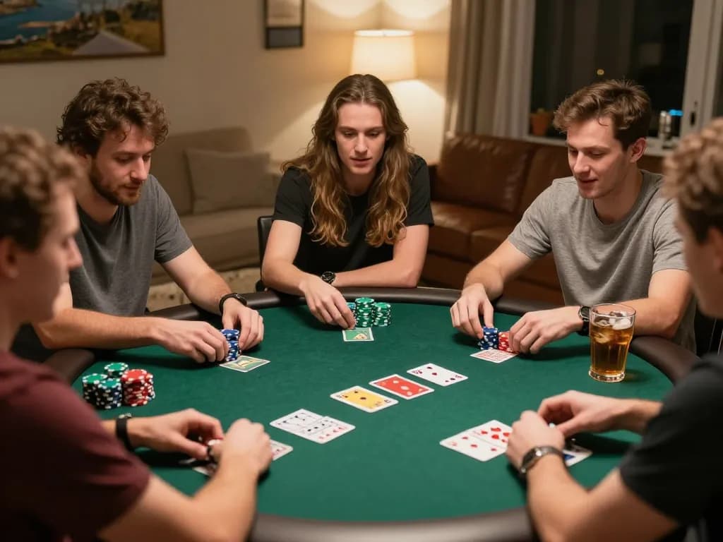 Friends enjoying a lively poker game at home, showcasing strategic gameplay and social interaction, featuring kkwin chips and cards.
