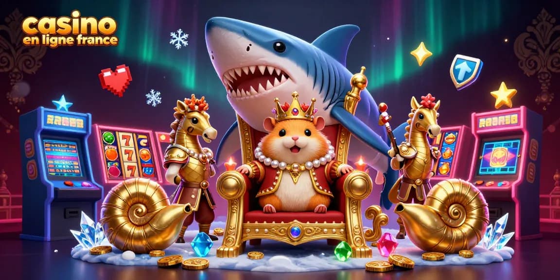 Visualisez le roi hamster doré sur son trône, entouré de machines à sous, capturant l'excitation du casino en ligne en France.