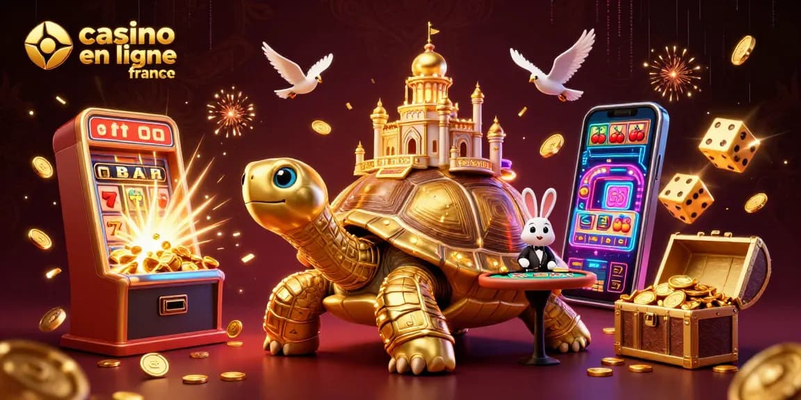 Profitez de l'excitation du casino en ligne France avec une tortue dorée, un croupier et des pièces d'or.