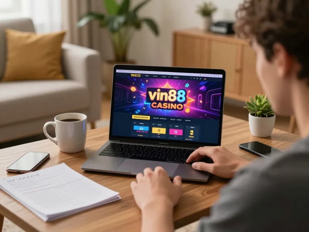 Engaging in online gaming with vin88. casino interface on a laptop, showcasing a cozy and strategic atmosphere.