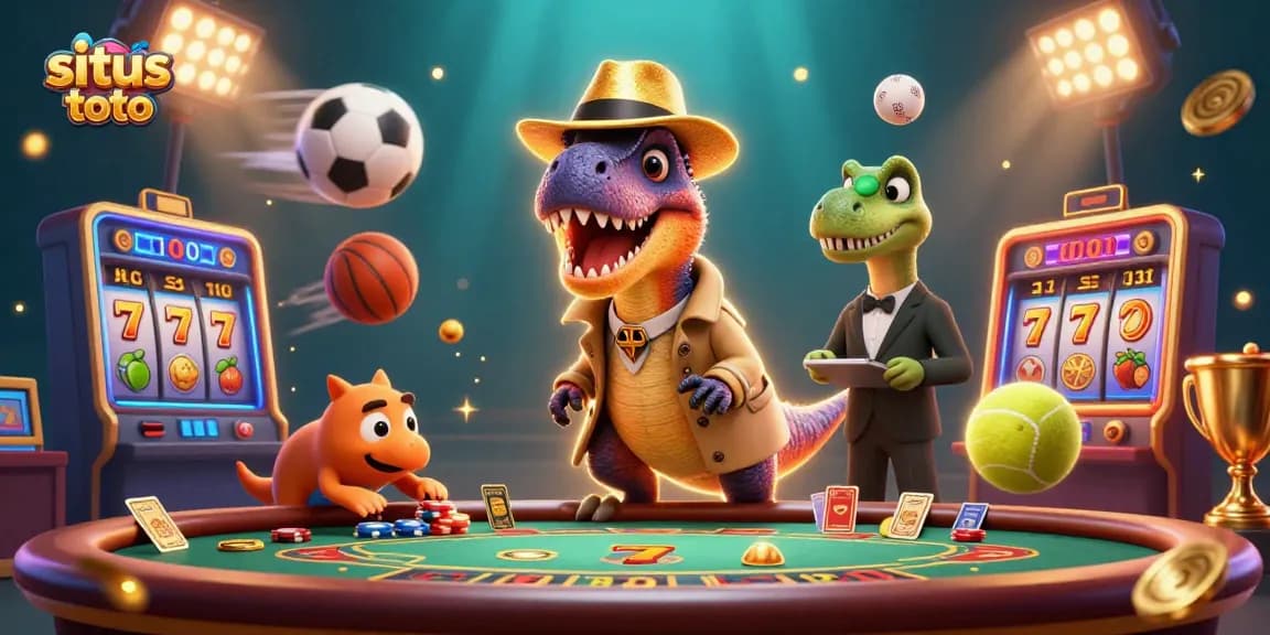 Catch the excitement of situs toto with a velociraptor at a blackjack table amid vibrant casino elements.
