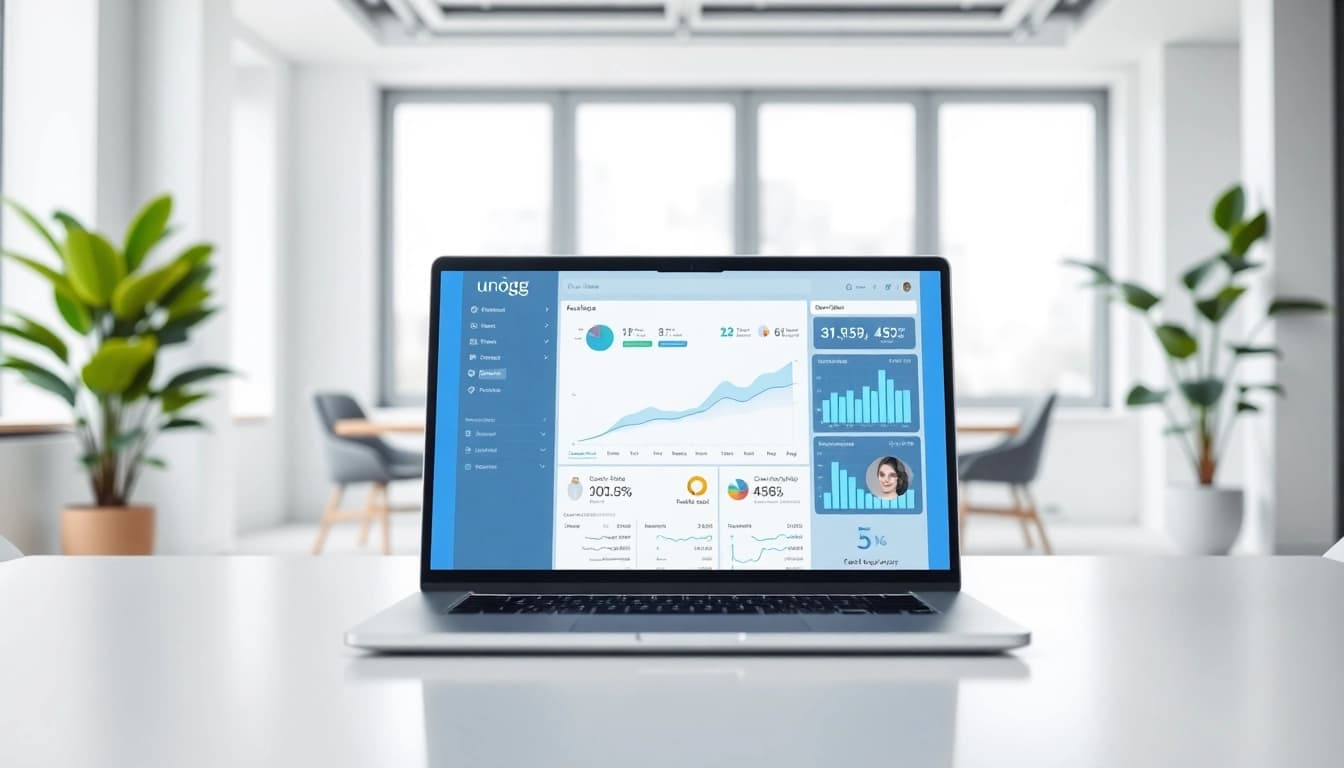 Menampilkan unogg dalam antarmuka digital canggih di lingkungan kantor modern.