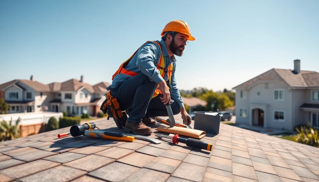 Roofing contractor inspecting a roof in a picturesque neighborhood.