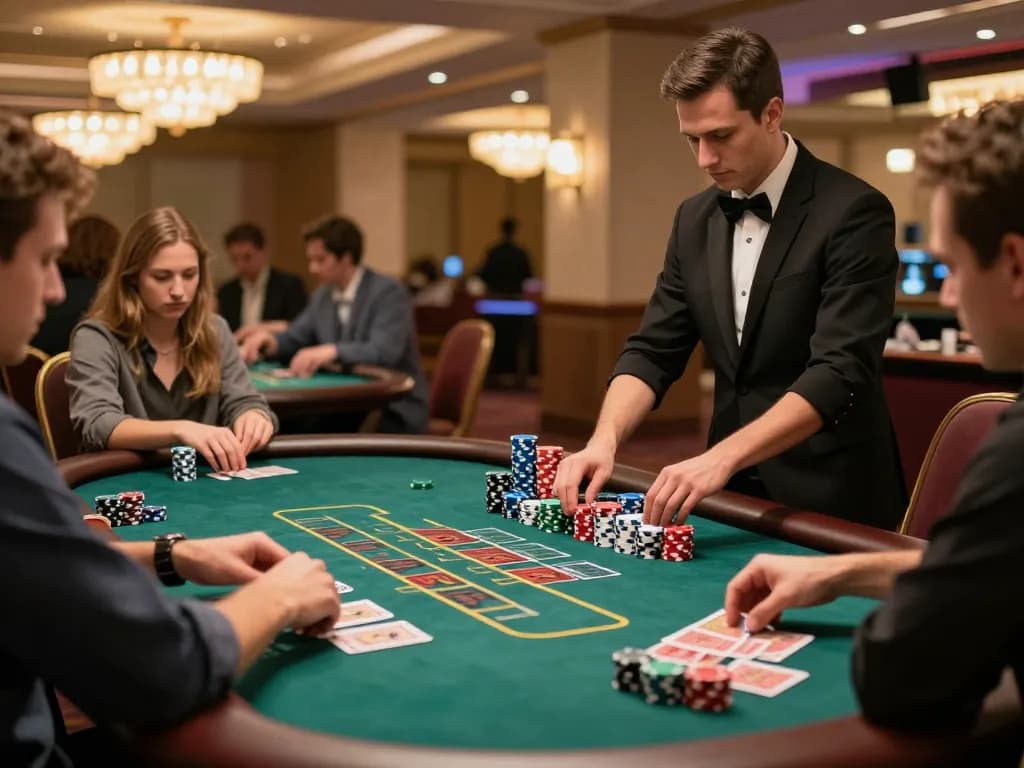 Engaged players at a blackjack table betting strategically at du88 com casino.