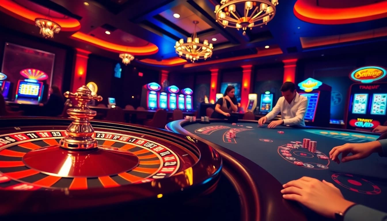 Experience thrilling gameplay at 6RWin55 with vibrant casino tables and excited players.