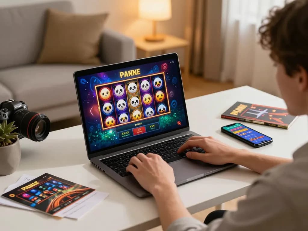 Engaging review of spin panda casino slots on a laptop while using notes for strategy.