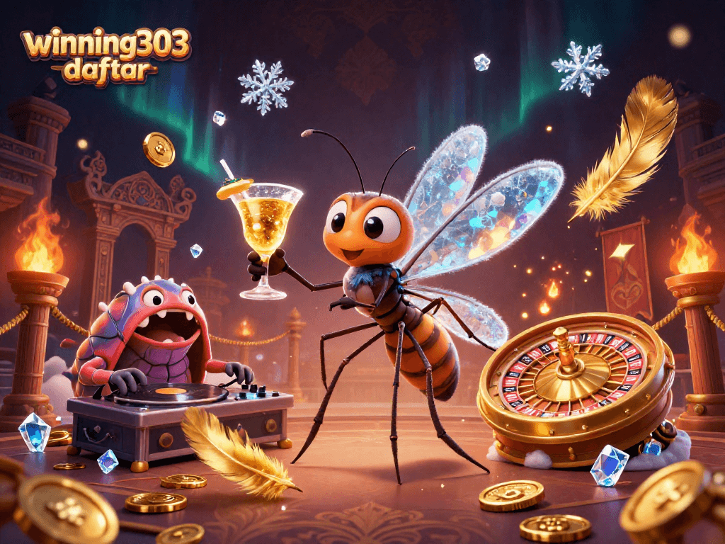 Winning303 daftar features an animated casino mascot with a golden cocktail alongside a trilobite DJ.