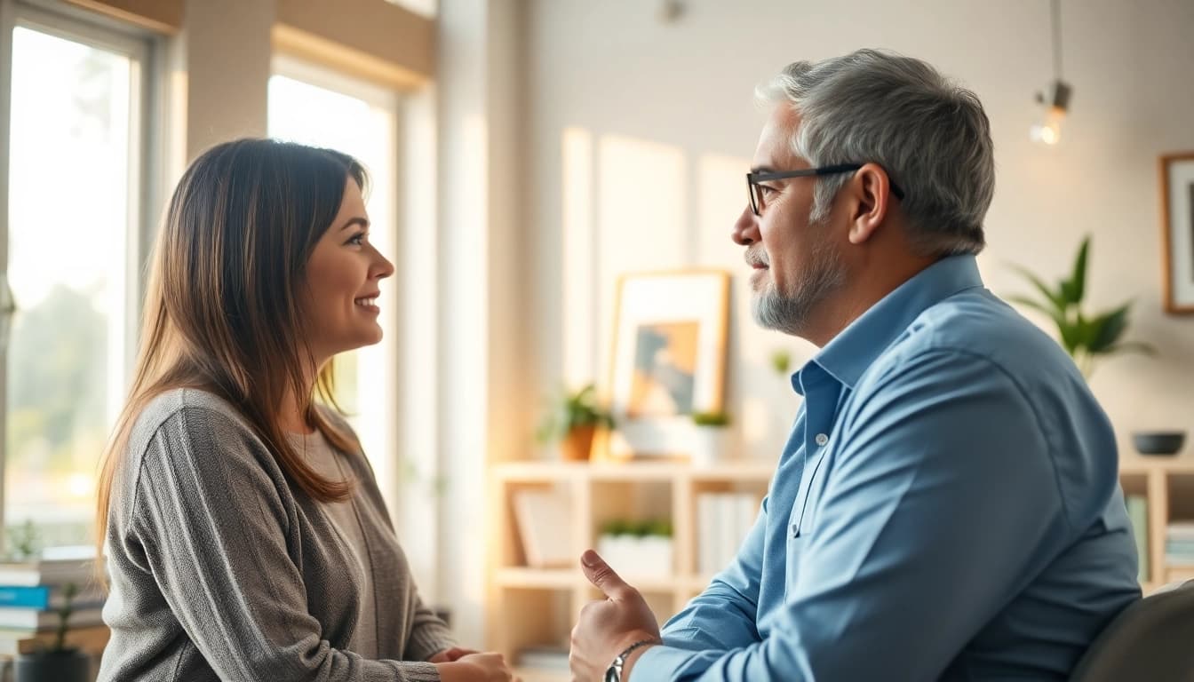 Therapist discussing psychiatric disorders in India with patient in a comforting office atmosphere.