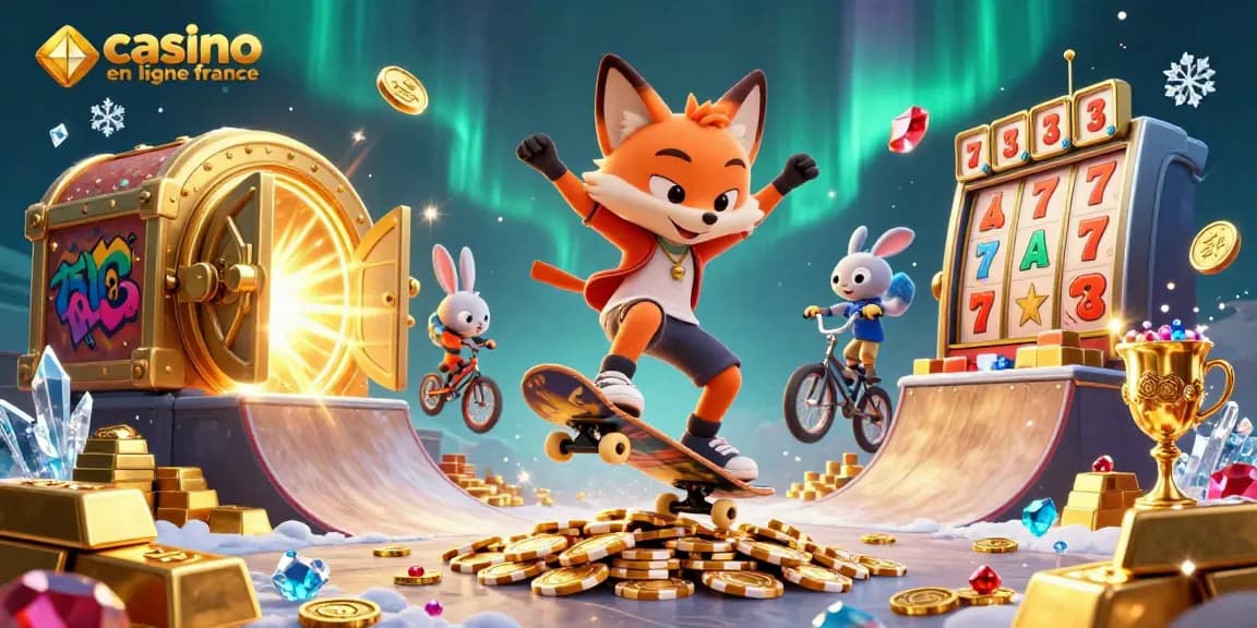 Illustration dynamique d'un skateboarder fox et d'un lapin BMX dans un casino en ligne France, avec des éléments de jeux.