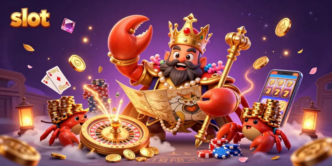 Spin the slot reels with a vibrant crab emperor and a treasure map in a casino setting.