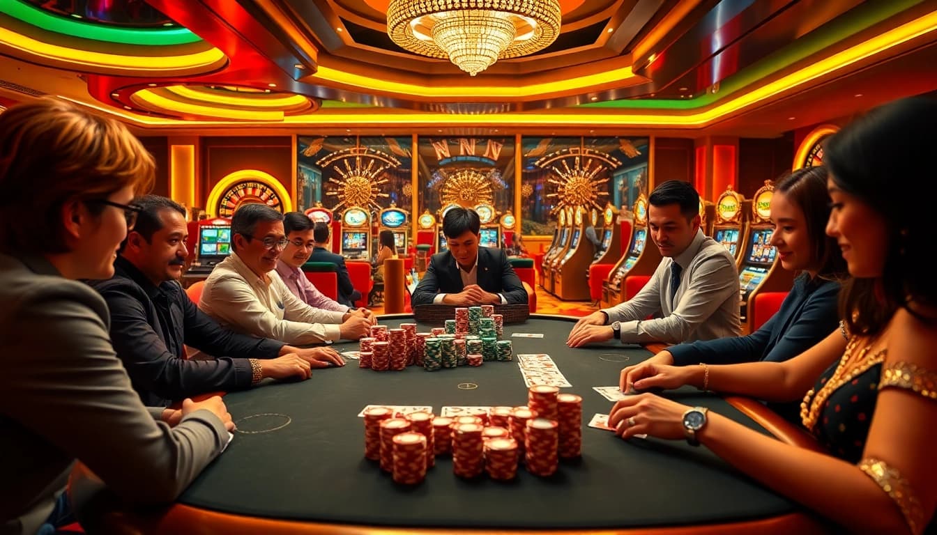 MM88 casino scene with players enjoying poker, vibrant atmosphere, and luxurious elements