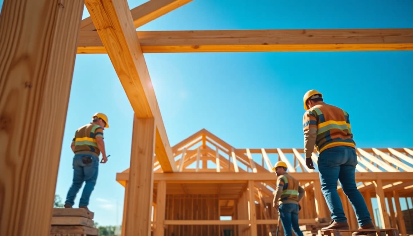 Showcase timber frame solutions in an active construction site highlighting teamwork.