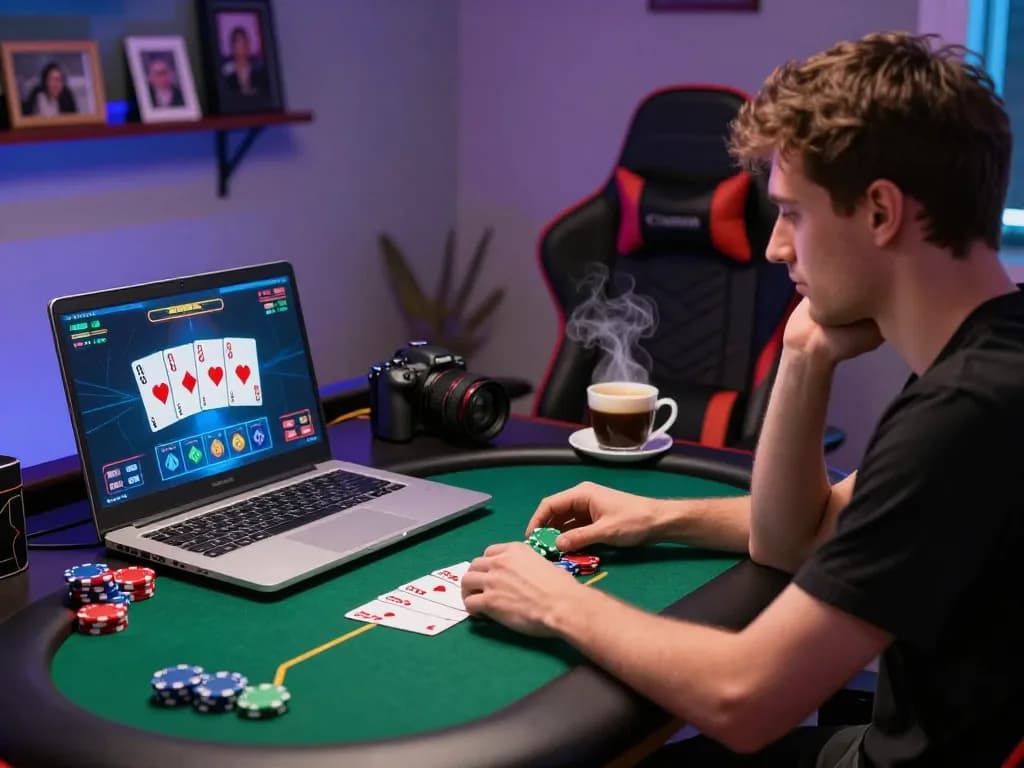 Player strategizing on GG88 poker game at home with laptop, showcasing focused gambling experience.