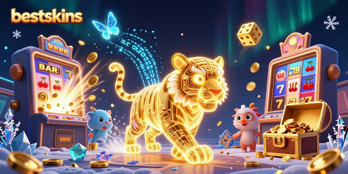 Experience the excitement of bestskins as a golden tiger dances amid dynamic casino elements.