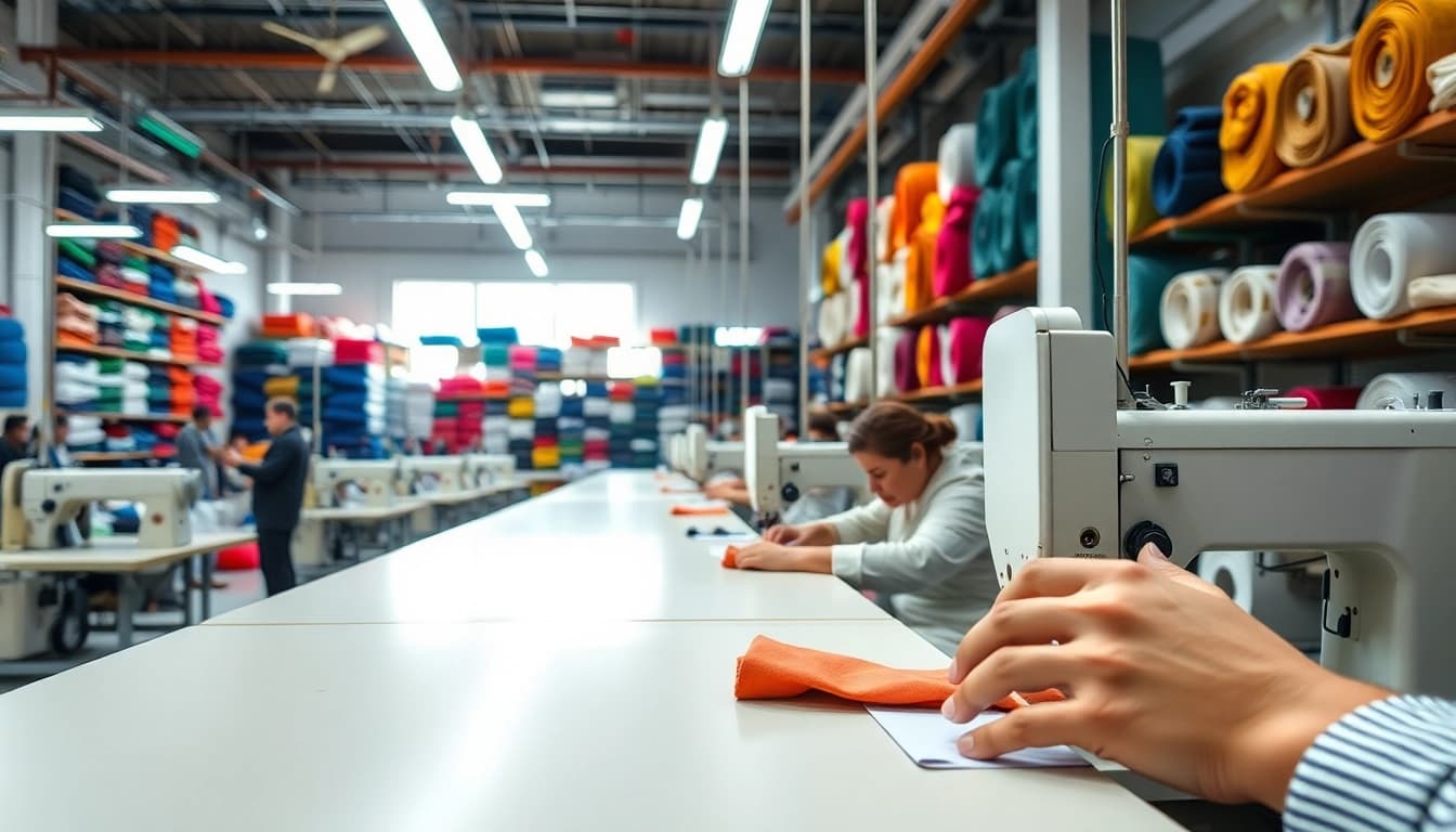Showcasing Clothing Manufacturers in Guangzhou with skilled artisans in action in a vibrant facility.