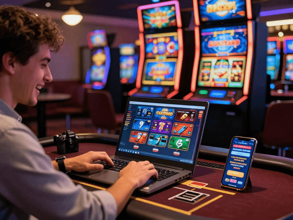 Engaged player exploring credit card casino options on a laptop with vibrant gaming graphics.