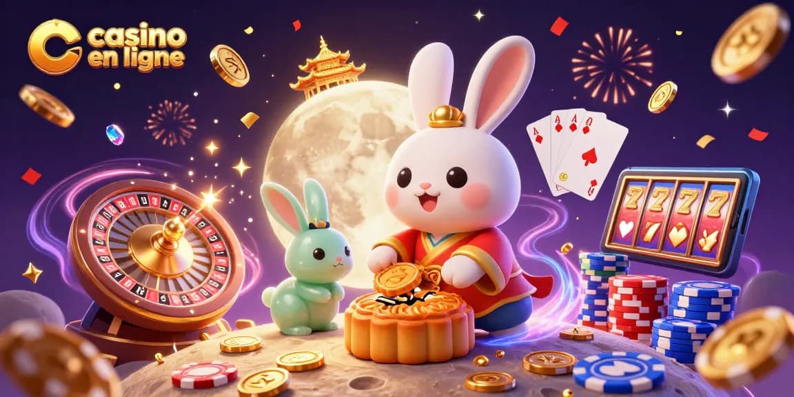 Profitez du monde captivant du casino en ligne avec un lapin de lune, des jetons et des feux d'artifice.