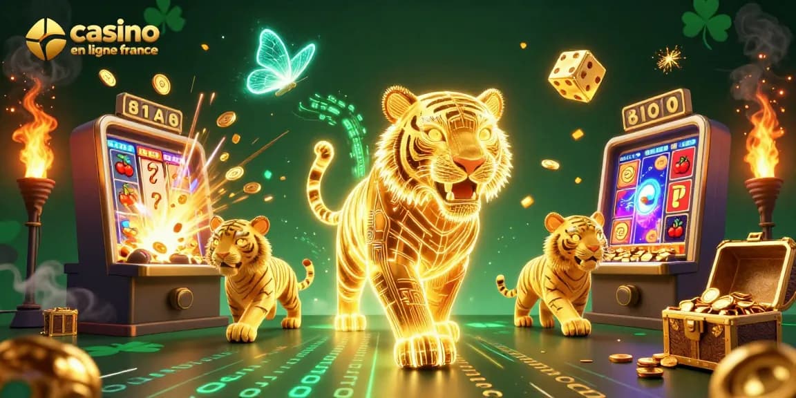 Jouez au casino en ligne France avec un tigre lumineux et des machines à sous en feu.